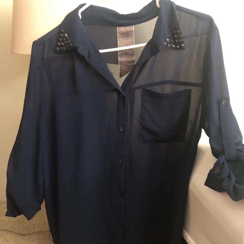 Navy Sheer embellished button up collared shirt